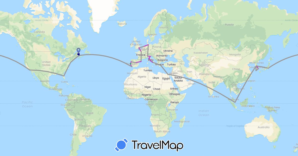 TravelMap itinerary: driving, bus, plane, train in United Arab Emirates, Canada, Germany, Egypt, Spain, France, United Kingdom, Greece, Italy, Japan, South Korea, Netherlands, Portugal, Singapore, United States, Vatican City (Africa, Asia, Europe, North America)
